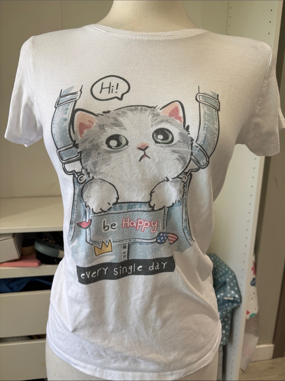 White Cat Graphic Tee for Women Cats & Kids - Be Happy Design